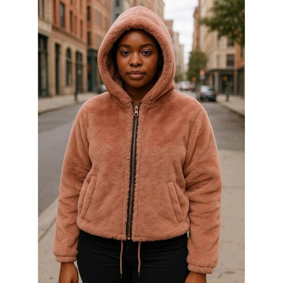 Lucky Brand L Womens Pink Faux Fur Hooded Jacket Rose Gold Zip Plush Cozy Warm - Picture 1 of 11